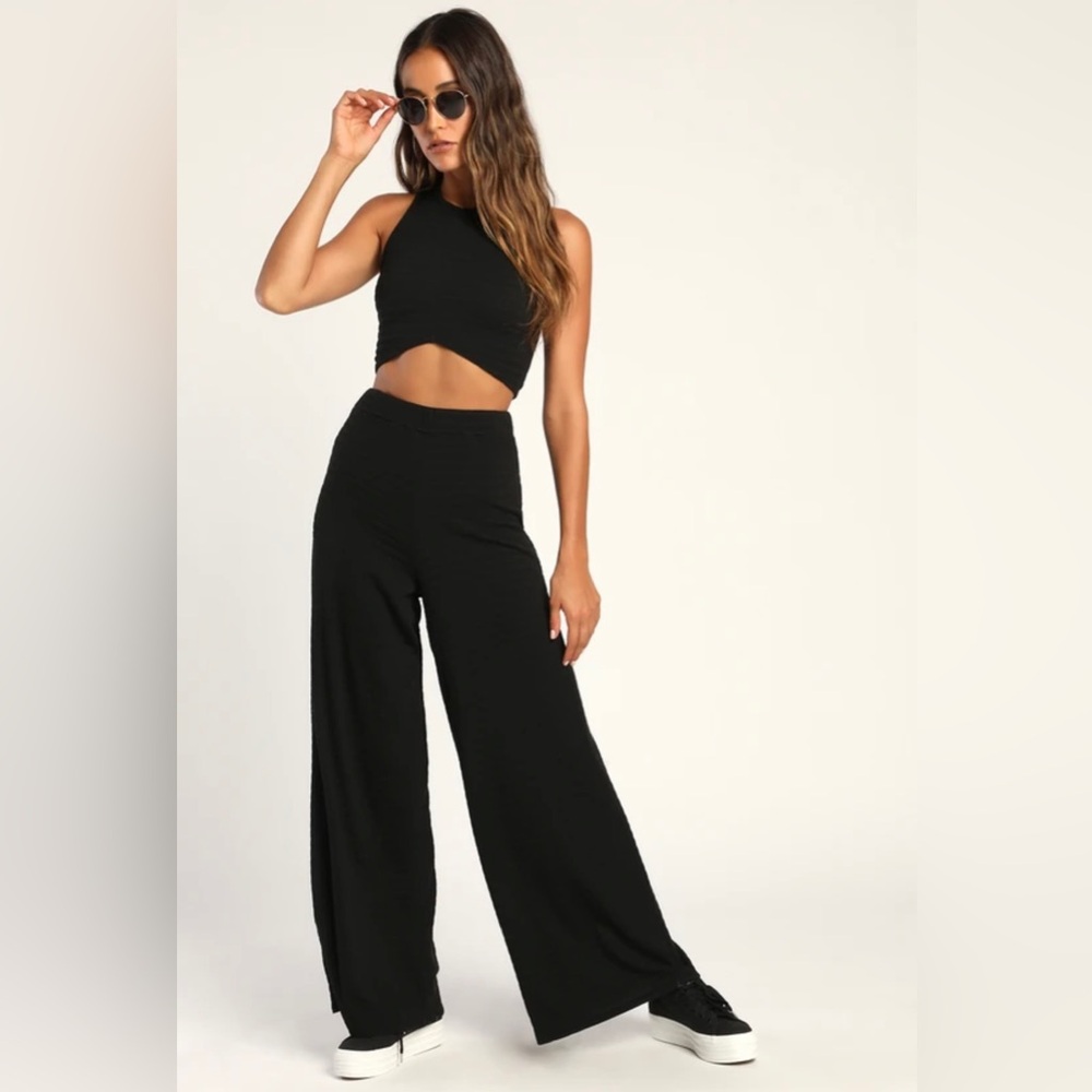 Lulu’s Set Blissful Beginnings Black Crop Top + Wide-Leg Pants, size Small